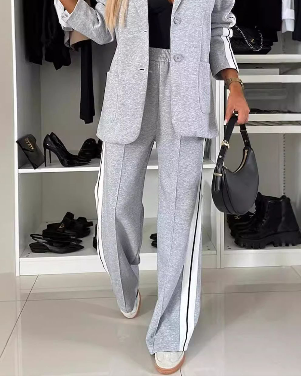 Full Size Contrast Lapel Collar Top and Pants Set, Small - 3XLarge