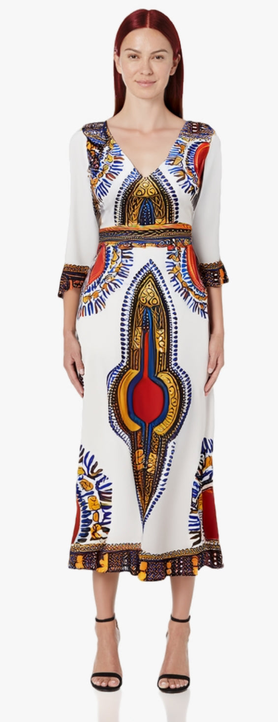 Elegant African Print Maxi Dress – Sizes S to 3XL (White)