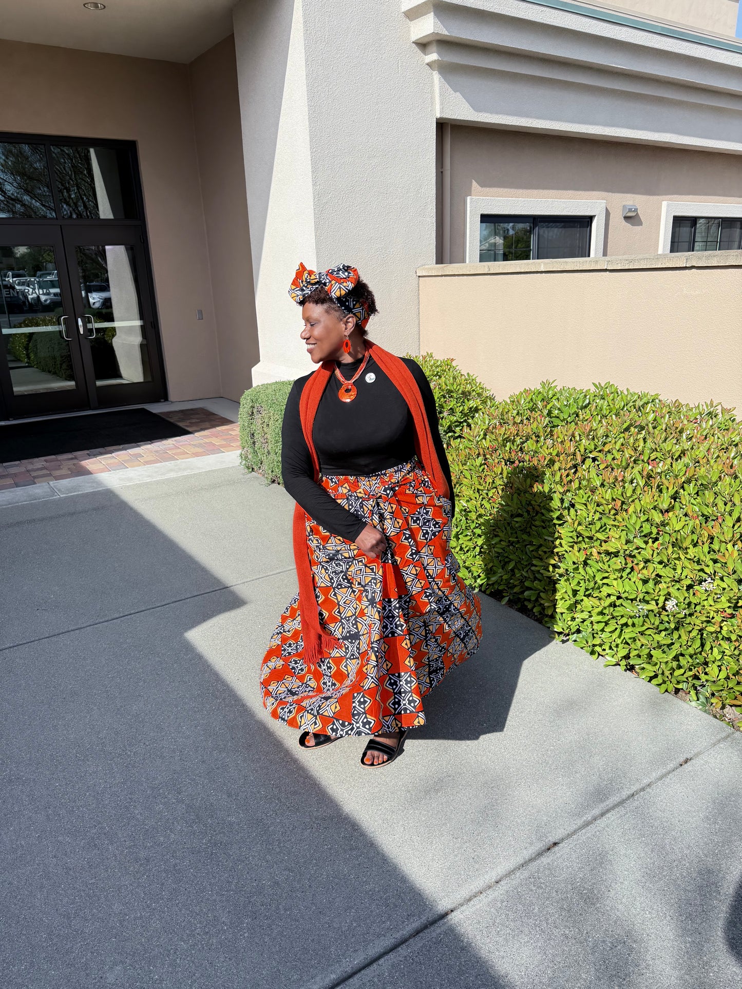 African Print Full Skirt with Coordinating Head Wrap (Orange Black Squared)