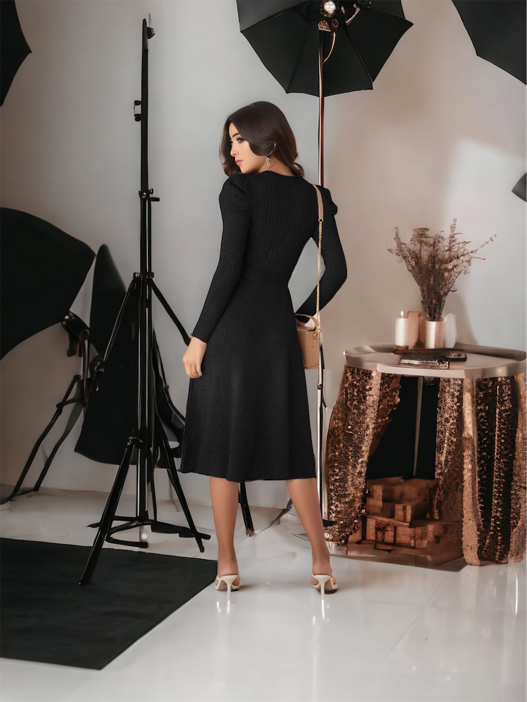 Round Neck Long Sleeve Tie Waist Sweater Dress