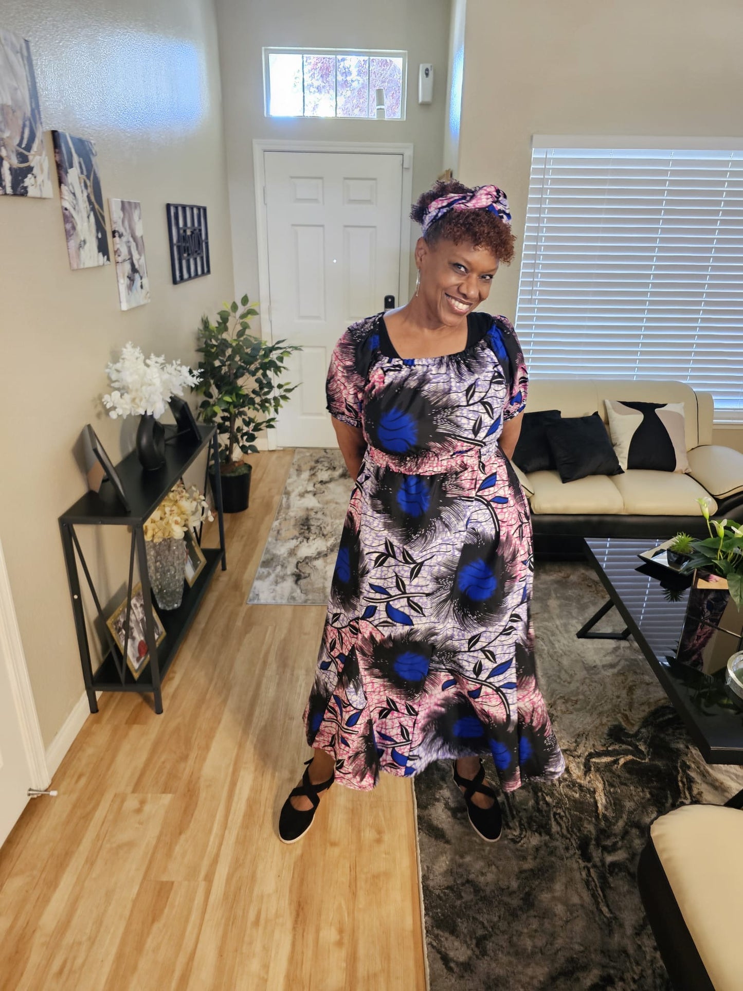 Short Puff Sleeve Maxi Dress with Head Wrap, Multiple Colors (free size)