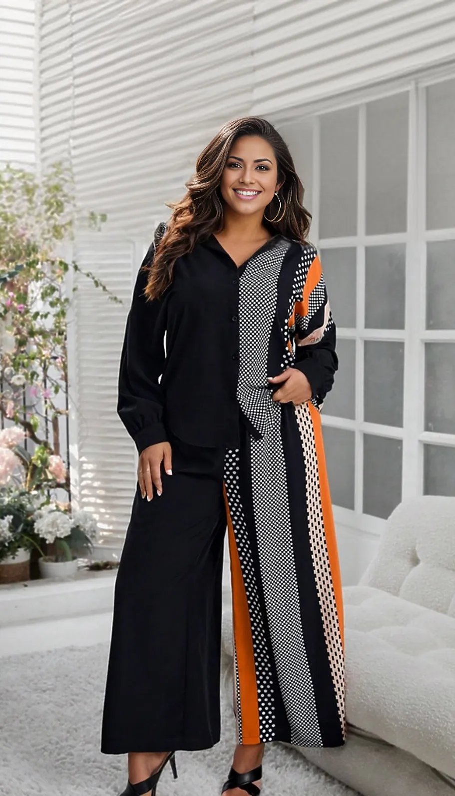 Wide Leg Pants and Drop Shoulder Top Two Piece Polka Dot Set (US Sizes 4 - 20)