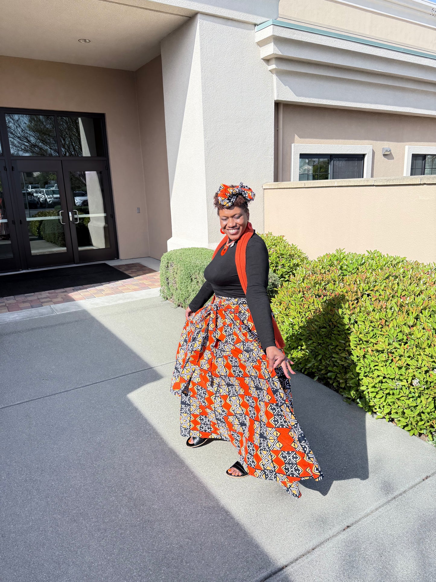 African Print Full Skirt with Coordinating Head Wrap (Orange Black Squared)