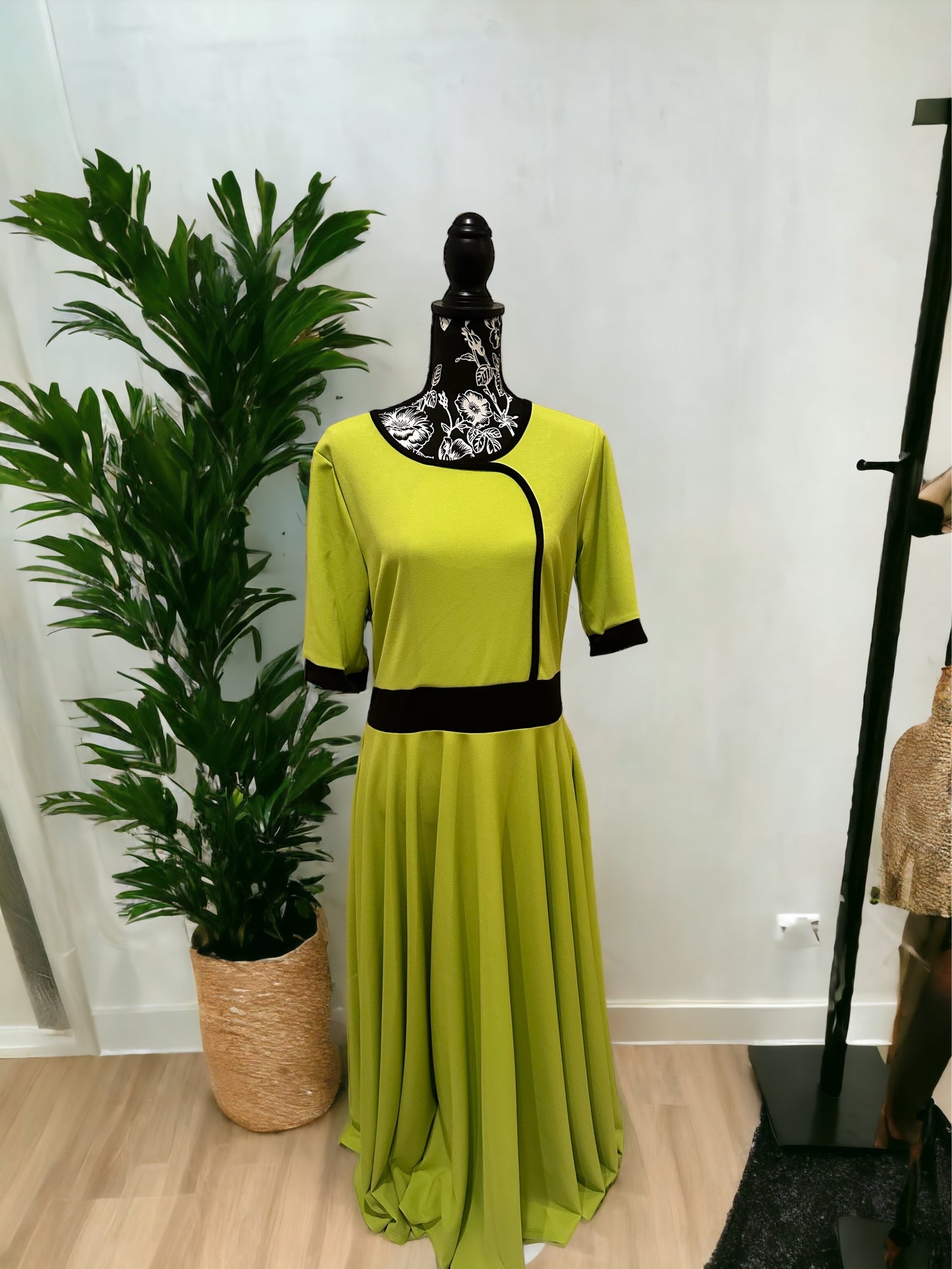 Chartreuse Contrast Trim Dress