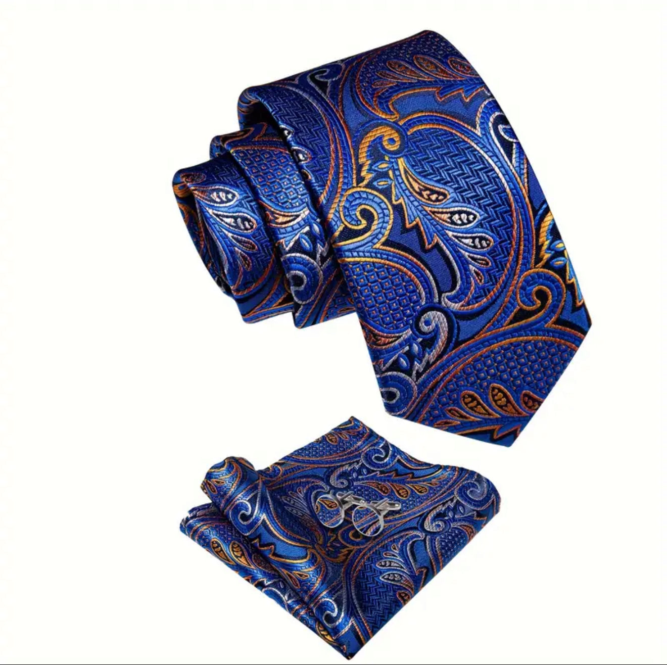 Men’s Silk Coordinated Tie Set - Blue Tie with Blue & Orange Paisley
