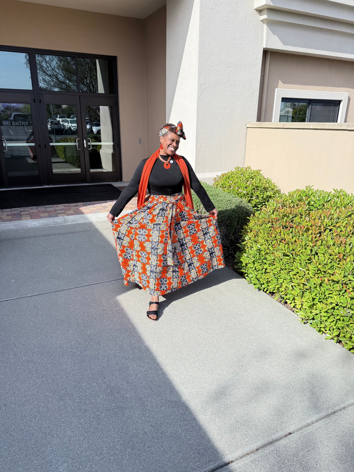 African Print Full Skirt with Coordinating Head Wrap (Orange Black Squared)