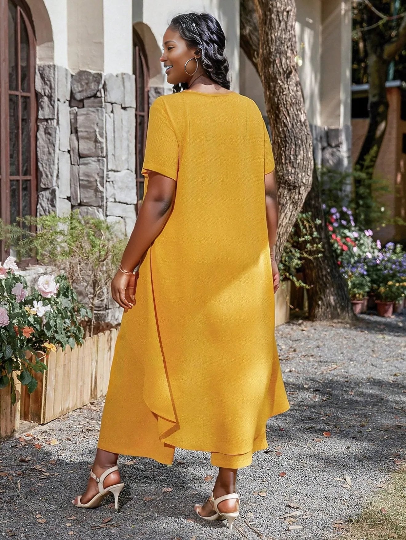 Plus Fashion Asymmetrical Top with Wide Leg Pants - Three Colors