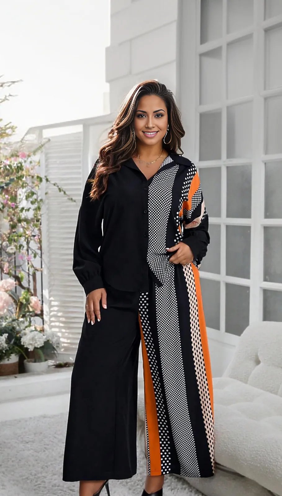 Wide Leg Pants and Drop Shoulder Top Two Piece Polka Dot Set (US Sizes 4 - 20)