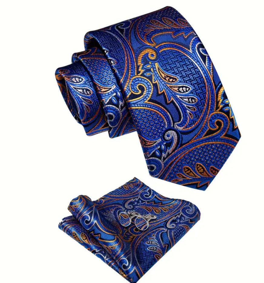 Men’s Silk Coordinated Tie Set - Blue Tie with Blue & Orange Paisley