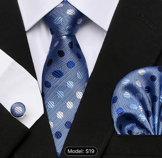 Men’s Silk Coordinated Tie Set - Silvery Blue with Blue and Pink Polka Dots