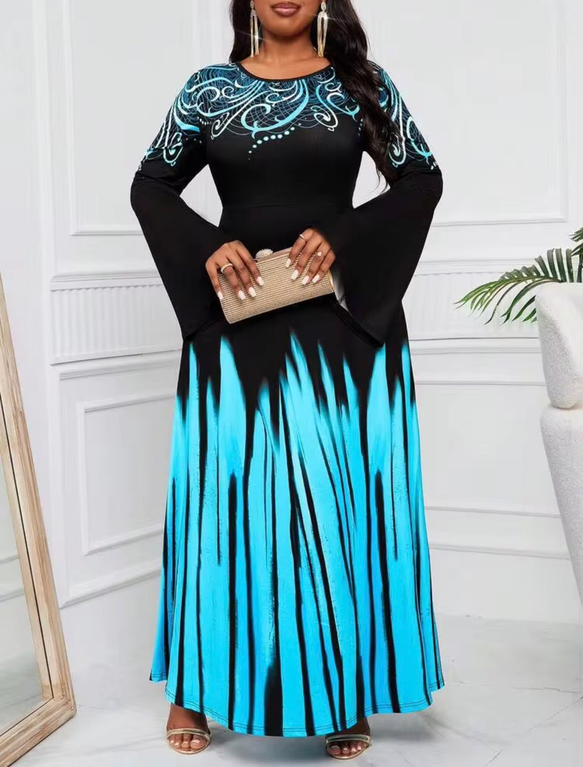 SHEIN Black & Blue Swirl-Accent Bell Sleeve Maxi Dress