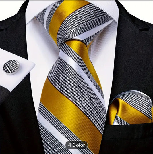 Men’s Silk Coordinated Tie Set - Gold Black White Stripes