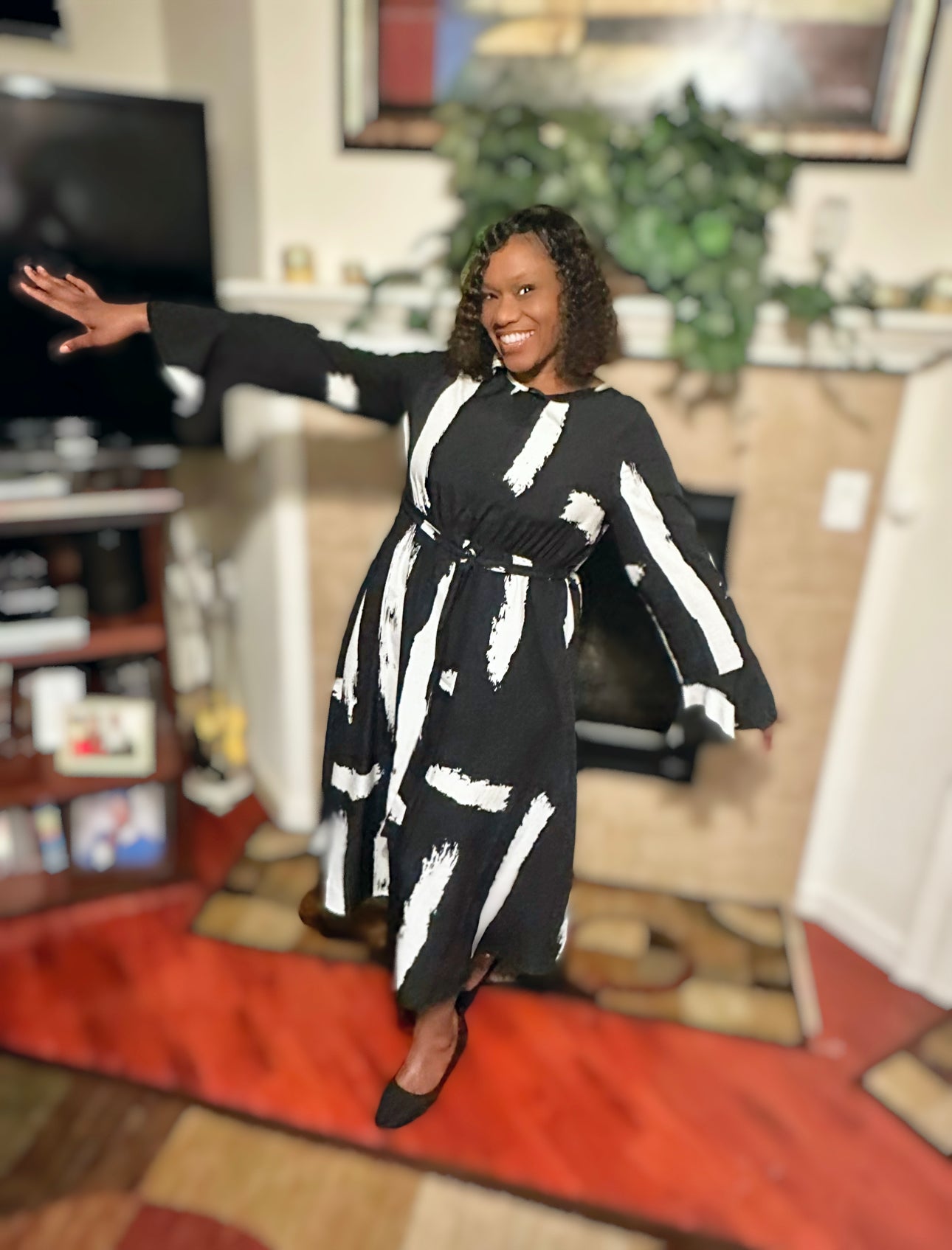 Plus Size Printed Tie Belt Flare Sleeve Round Neck Midi Dress