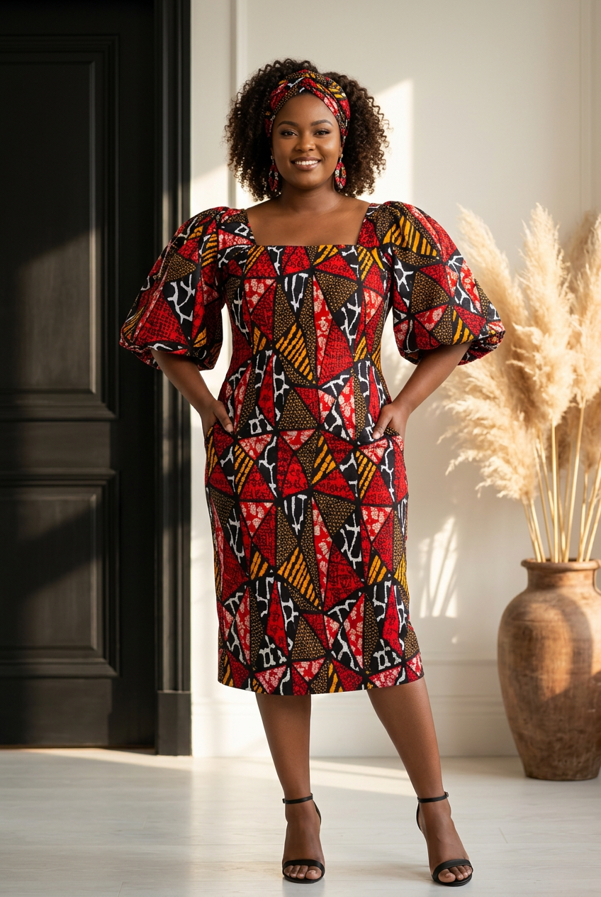 Fitted Smock Mid length Dress/ Puff Sleeve - Red Mosaic