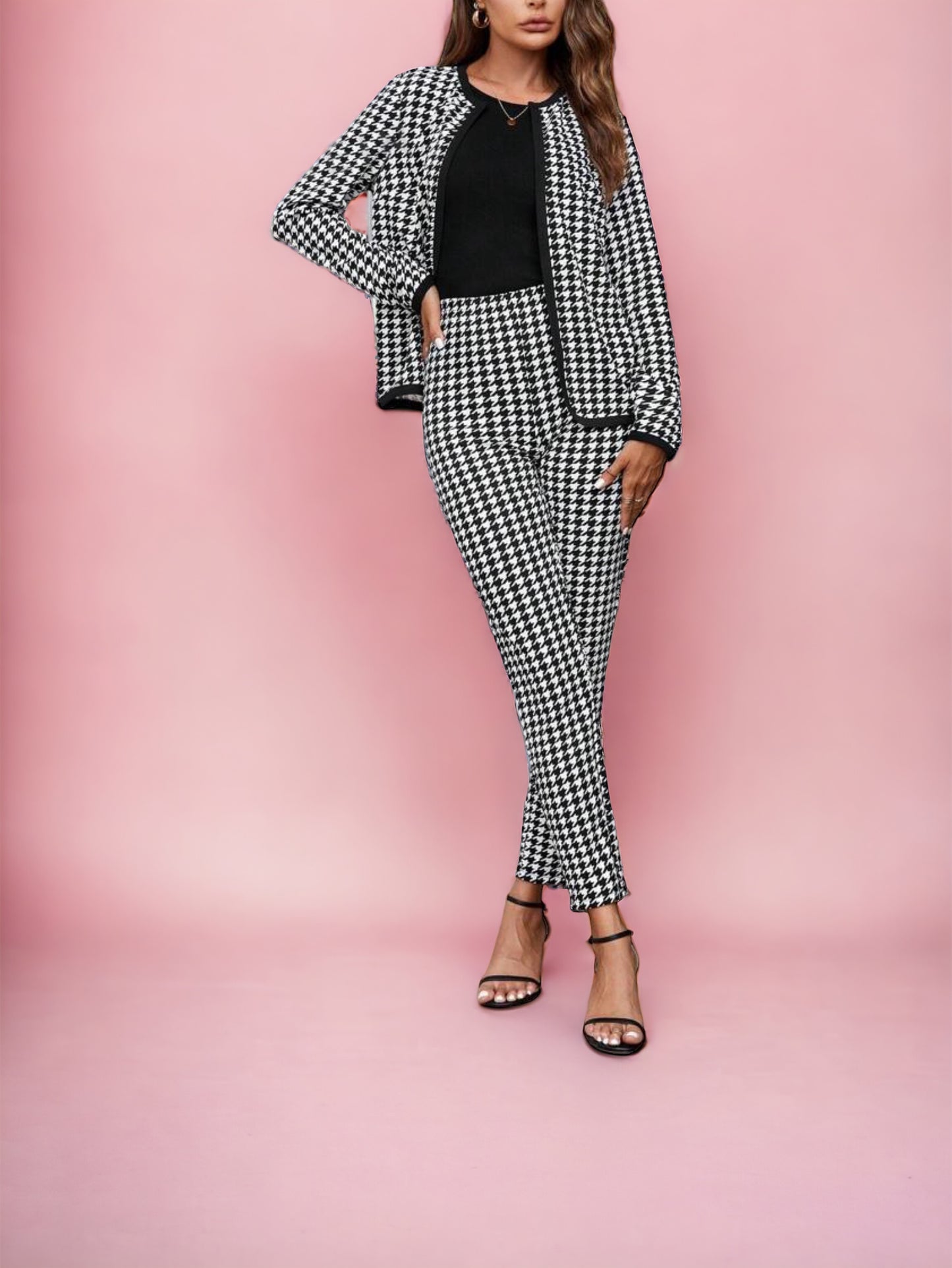 Houndstooth Print Two-Piece Set, Open Front Jacket & Pants (US Sizes 4 - 20)