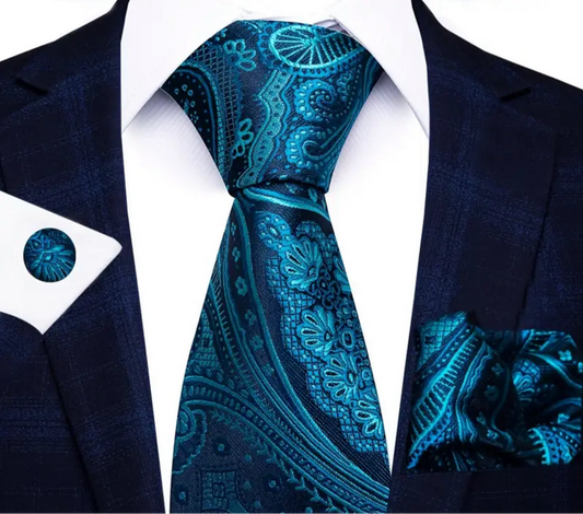 Men’s Silk Coordinated Tie Set - Sea Blue Paisley