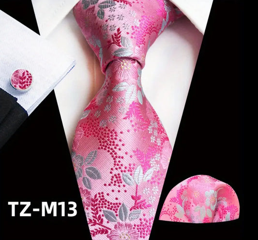 Men’s Silk Coordinated Tie Set - Pink Silver Floral