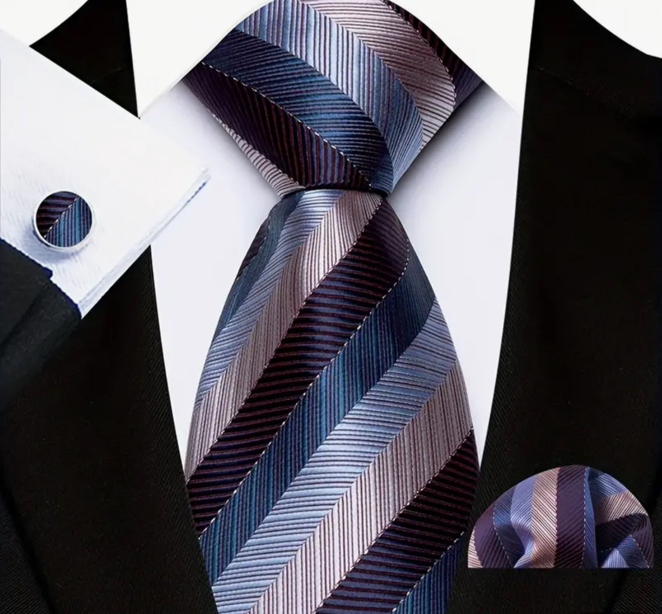 Men’s Silk Coordinated Tie Set - Blue and Lavender Stripes