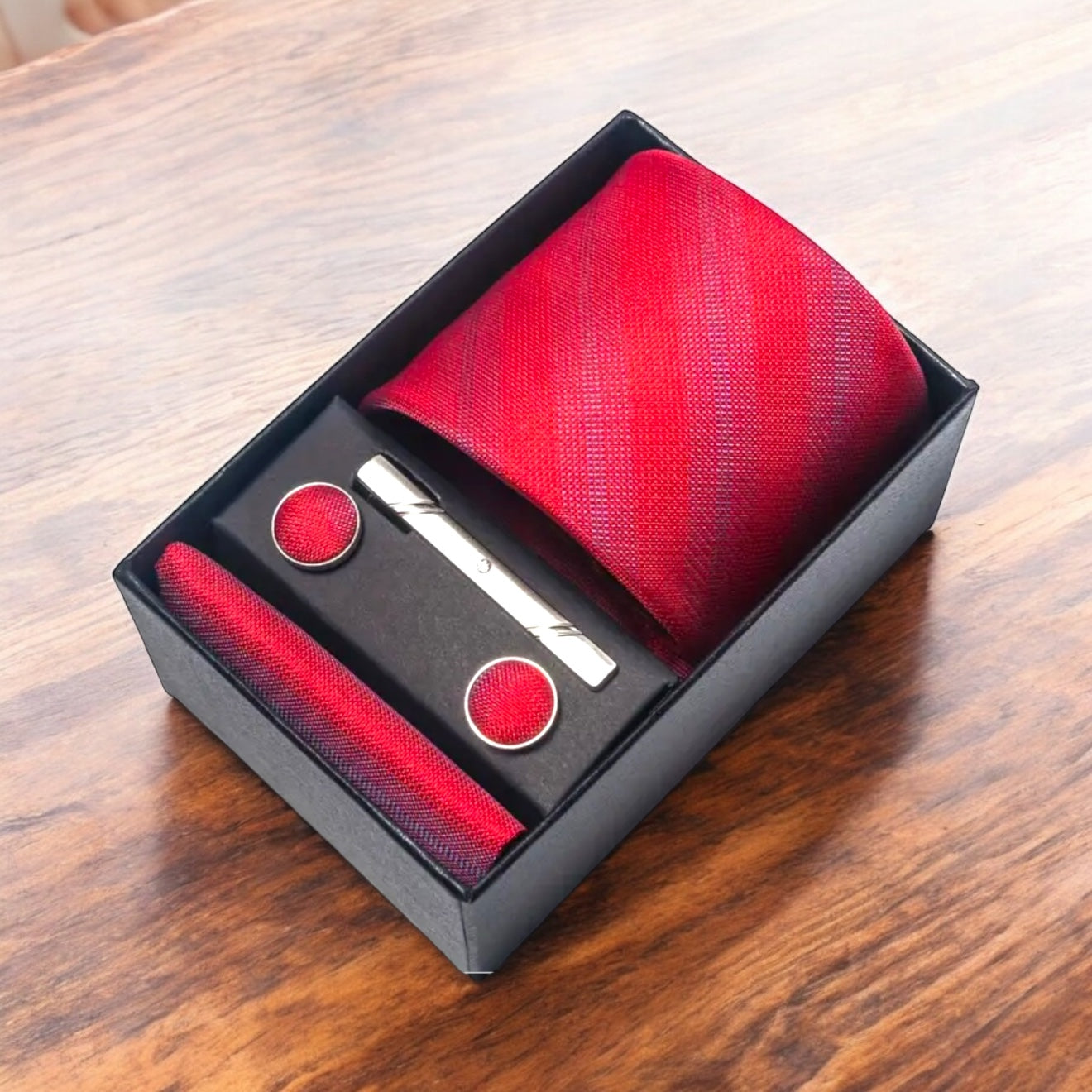 Men’s Silk Coordinated Tie Set w/Box - Red with Blue Stripe