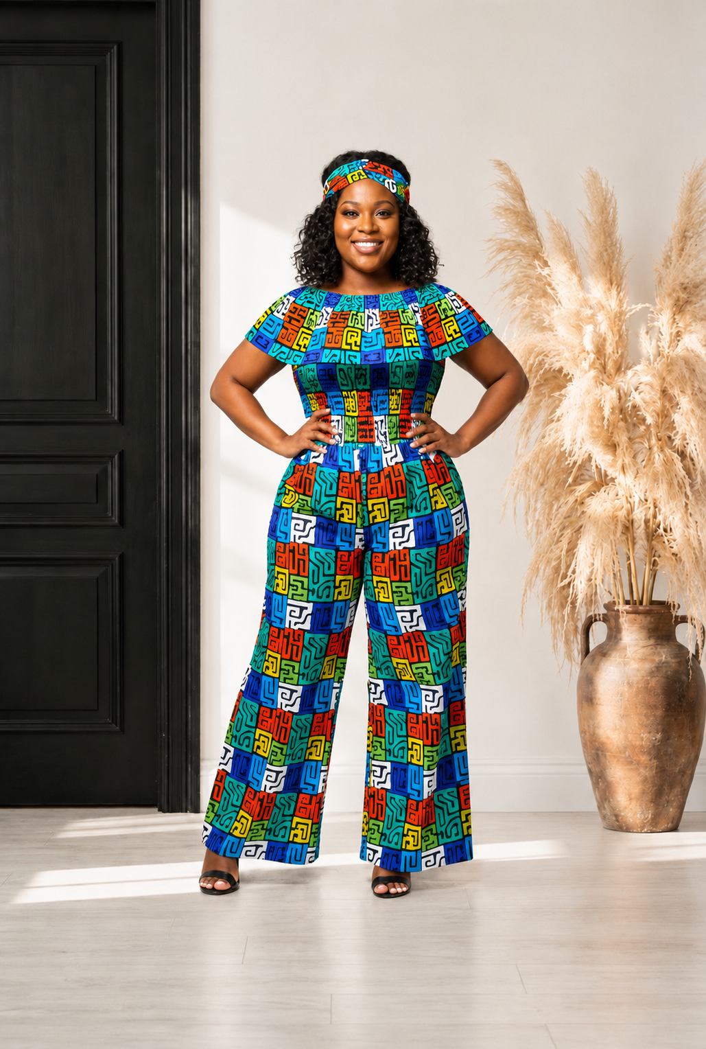 African Print Ruffled Neckline Jumpsuit / Romper (Blue) with Head Wrap