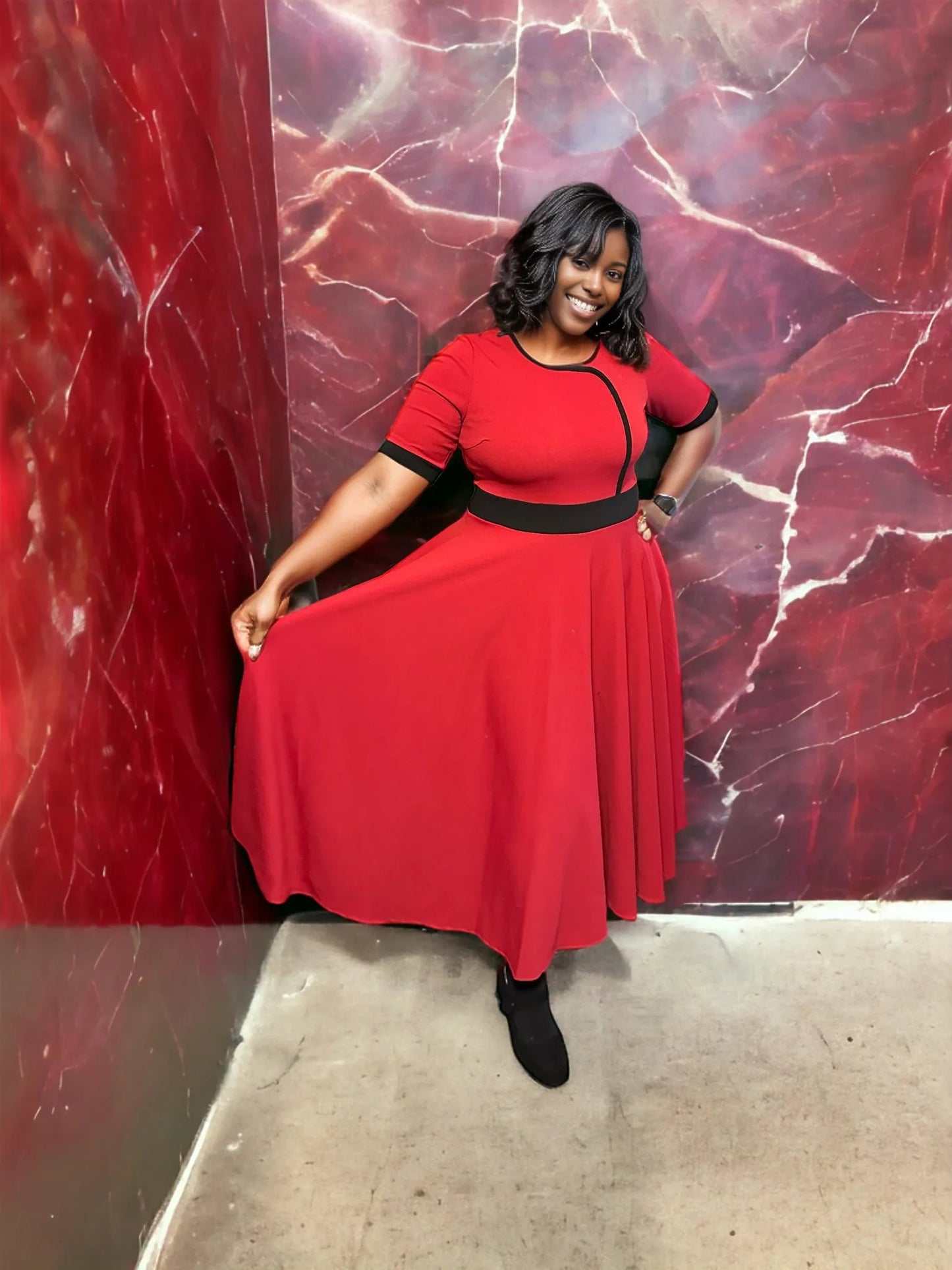 Red Contrast Trim Dress