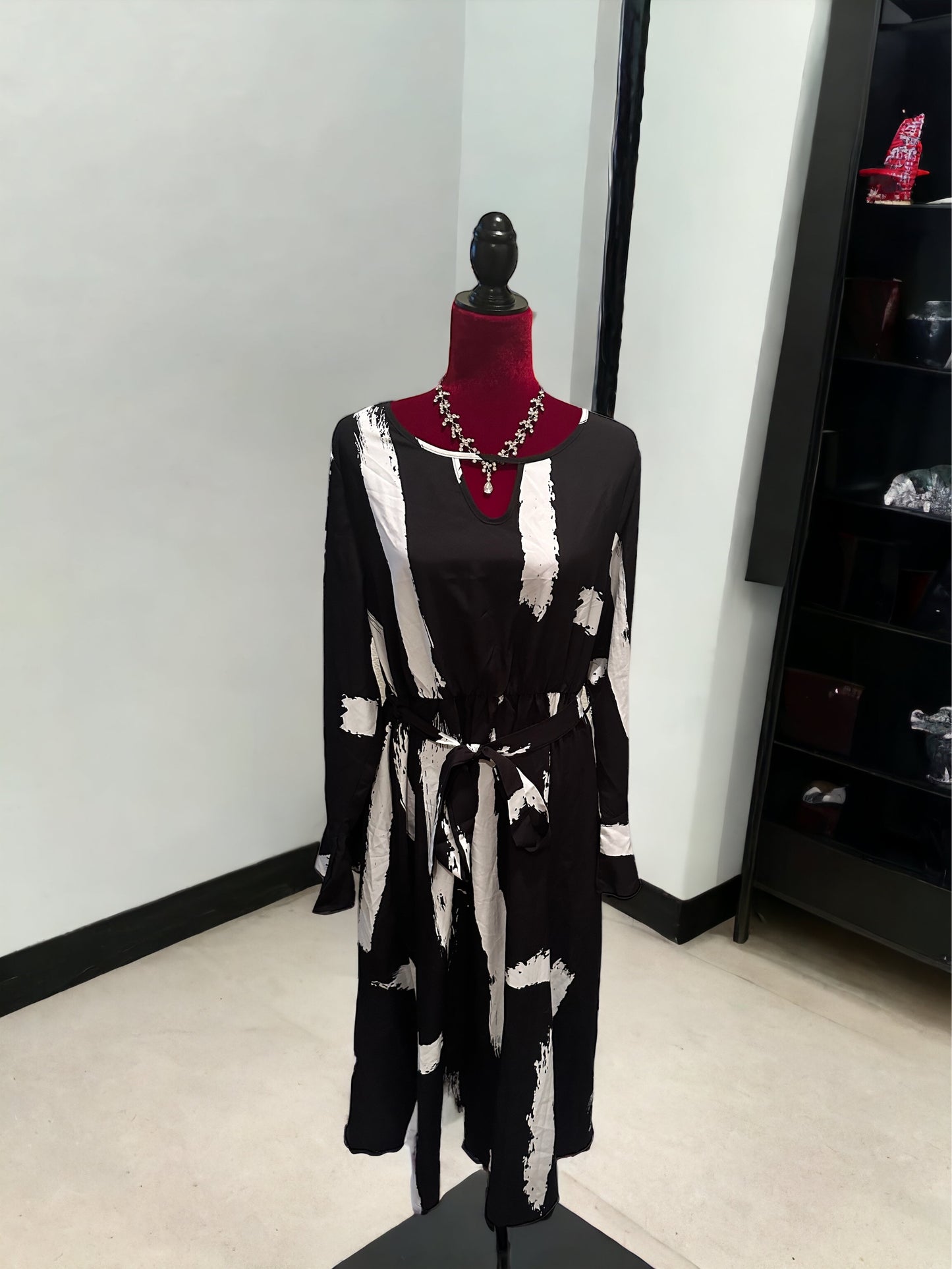 Plus Size Printed Tie Belt Flare Sleeve Round Neck Midi Dress