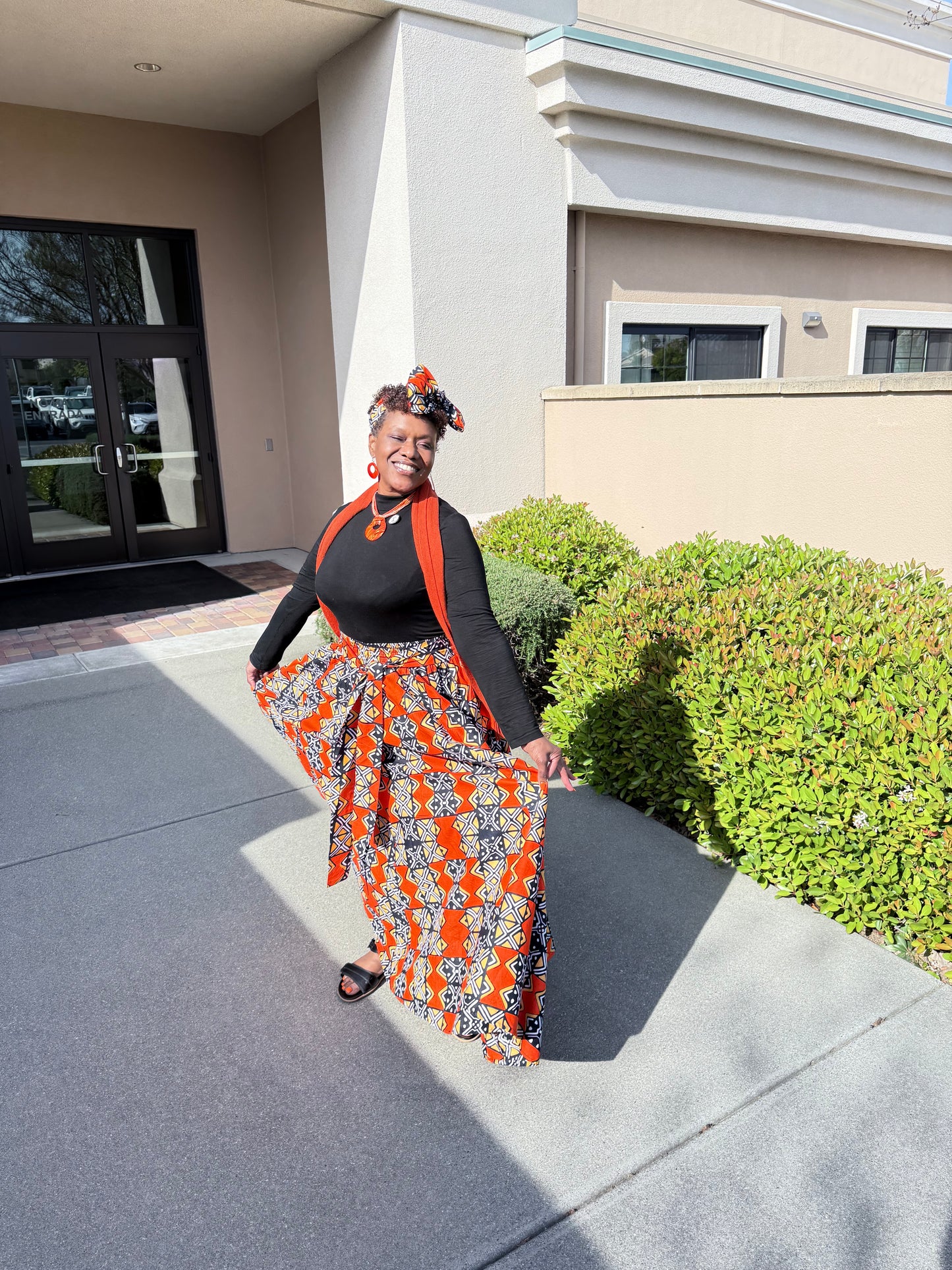 African Print Full Skirt with Coordinating Head Wrap (Orange Black Squared)