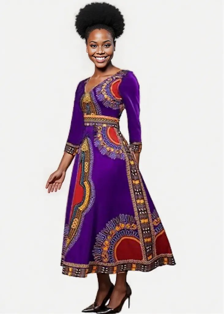 Elegant African Print Maxi Dress – Sizes S to 3XL (Purple)