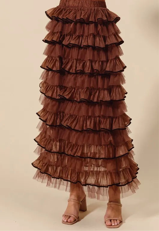 SO ME Layered Ruffled Tulle Maxi Skirt