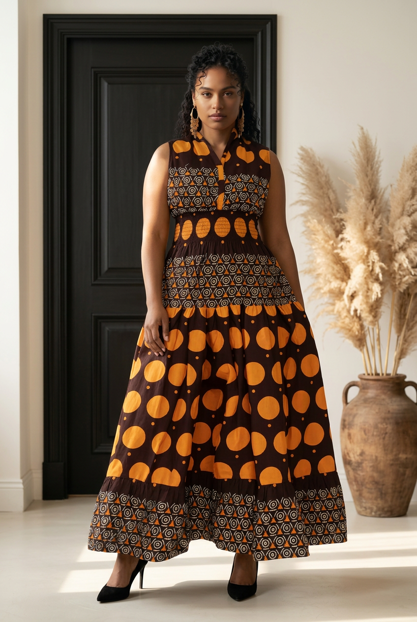 Long Smocked Dress With Scarf (5005-677)