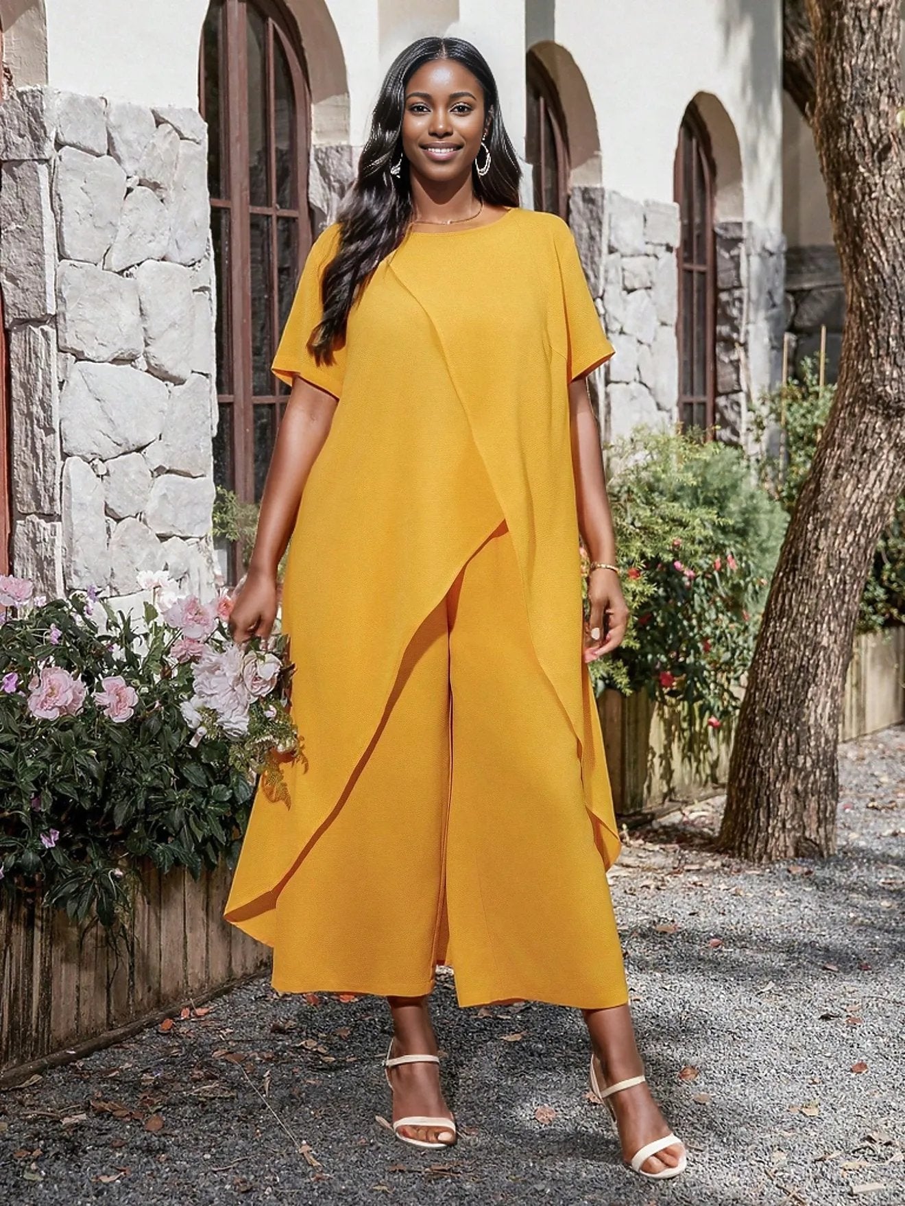 Plus Fashion Asymmetrical Top with Wide Leg Pants - Three Colors