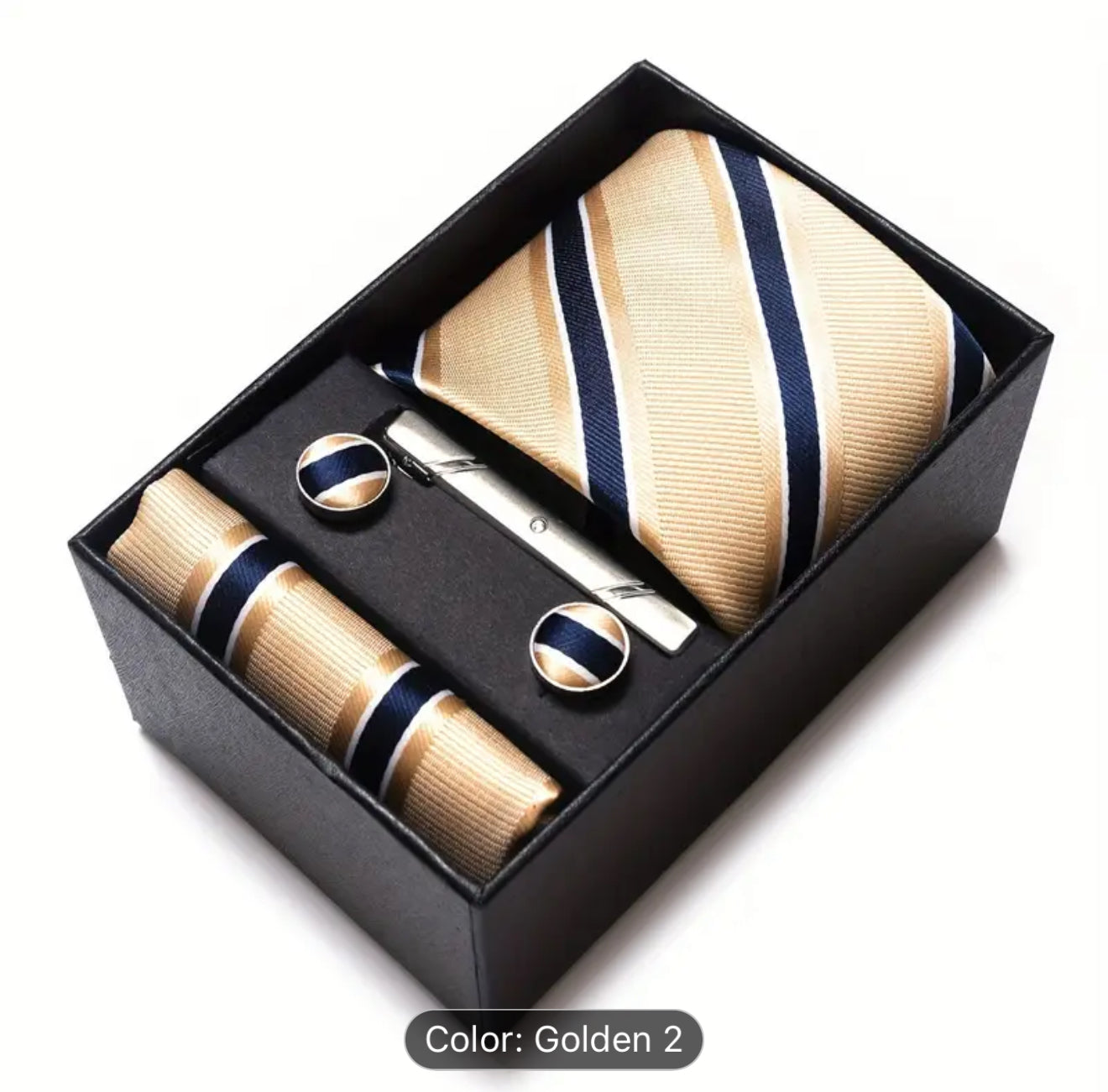 Men’s Silk Coordinated Tie Set w/Box - Golden with Blue Stripes (2)