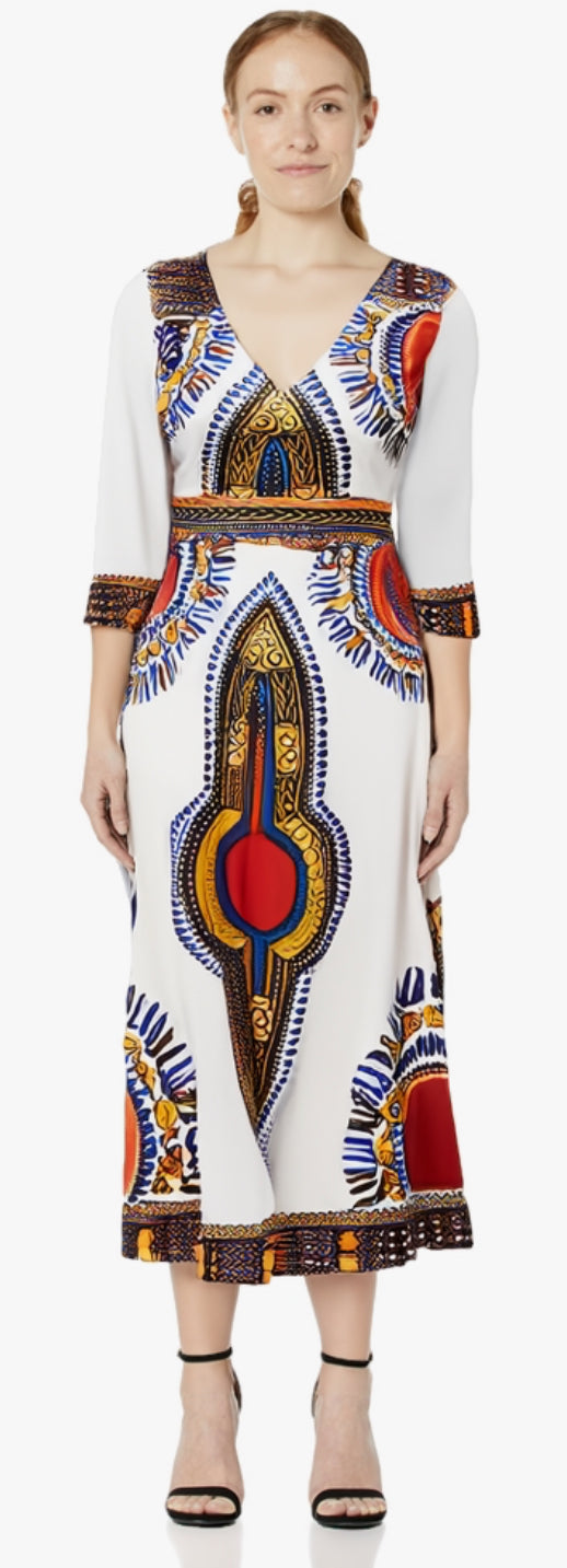 Elegant African Print Maxi Dress – Sizes S to 3XL (White)