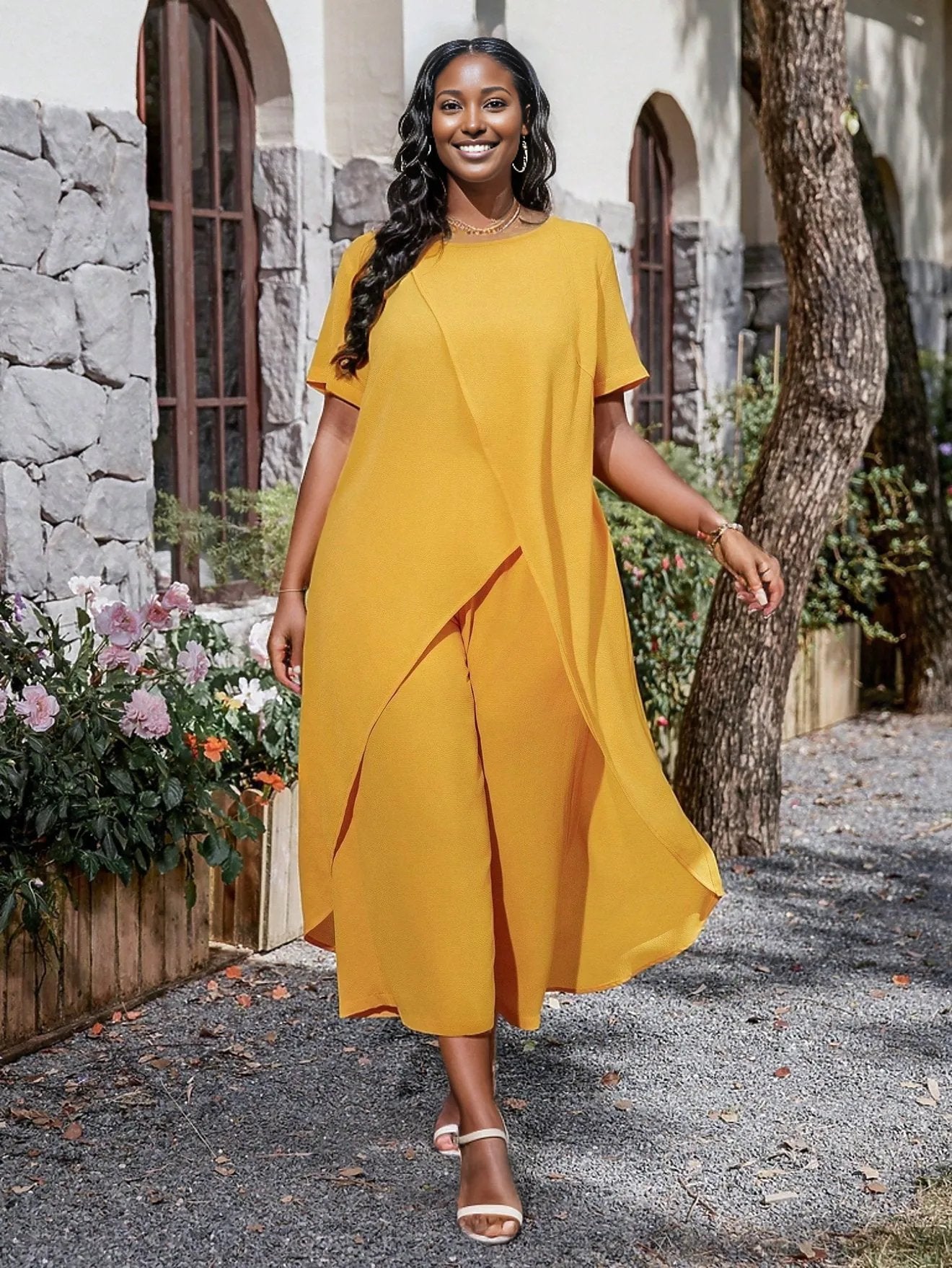 Plus Fashion Asymmetrical Top with Wide Leg Pants - Three Colors