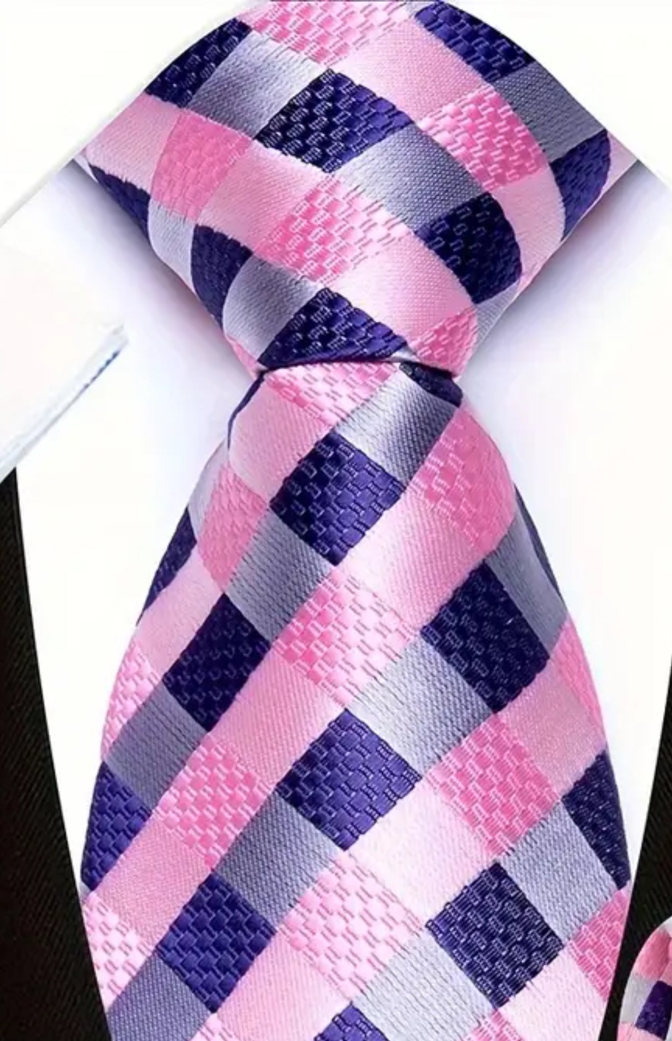 Men’s Silk Coordinated Tie Set - Purple Pink Checkered