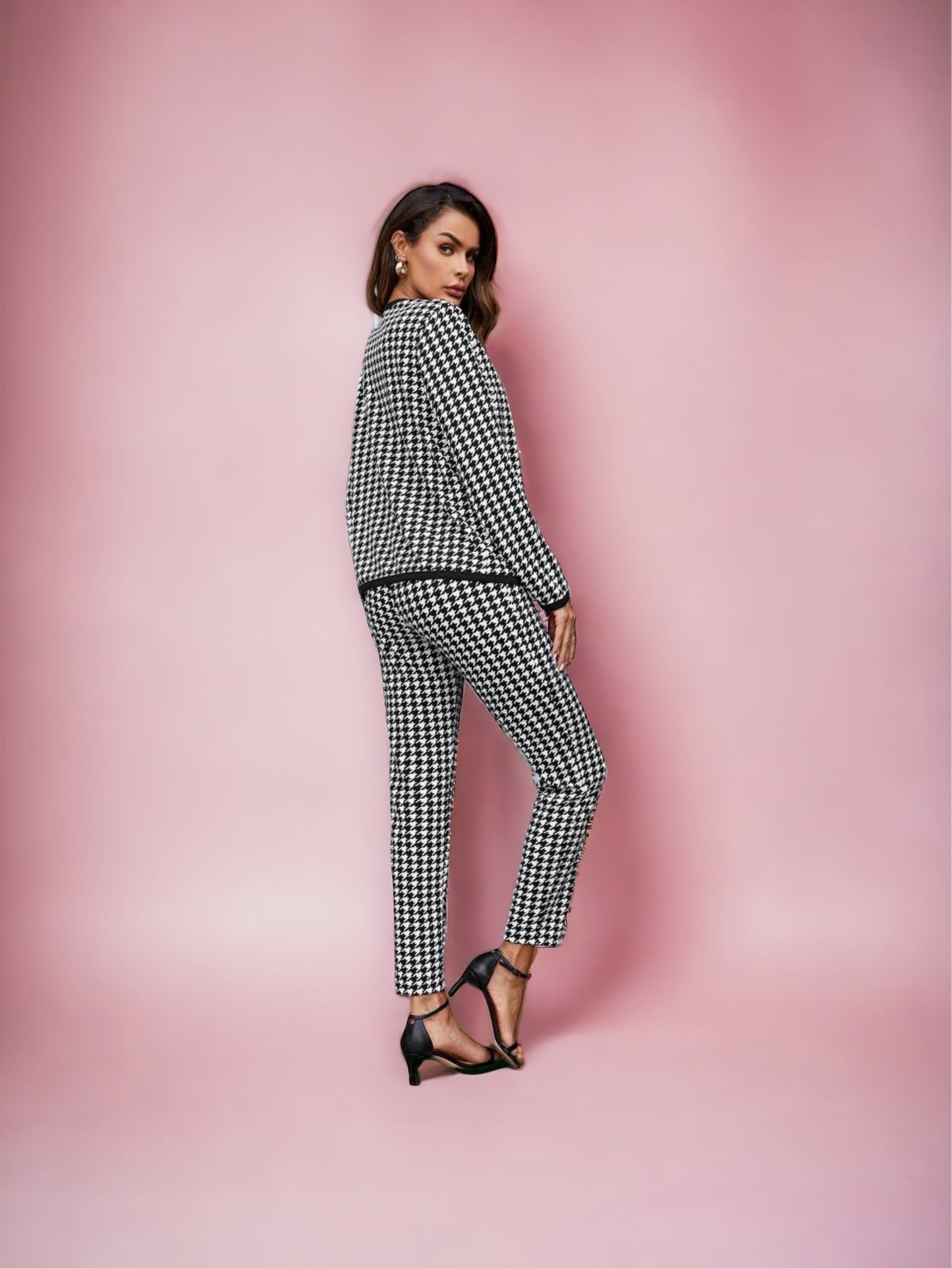 Houndstooth Print Two-Piece Set, Open Front Jacket & Pants (US Sizes 4 - 20)