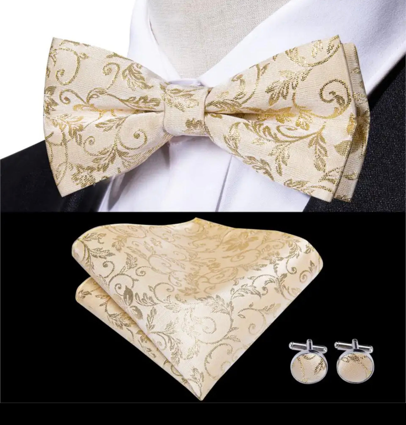Men’s Silk Coordinated Black Bow Tie Set - Beige Floral 0557