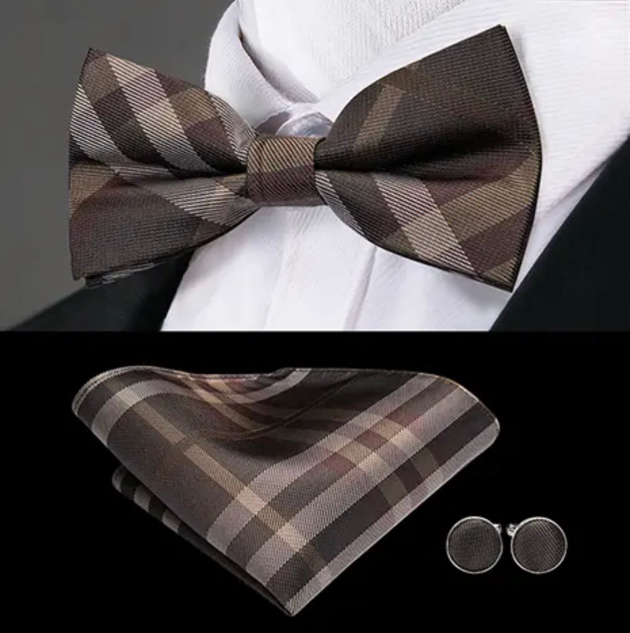 Men’s Silk Coordinated Black Bow Tie Set - Brown Plaid 0777