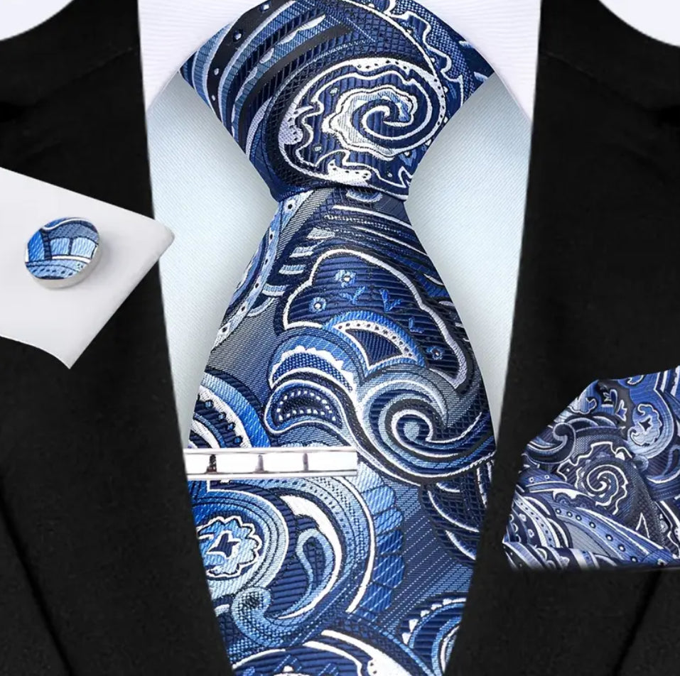Men’s Silk Coordinated Tie Set - Blue White Paisley