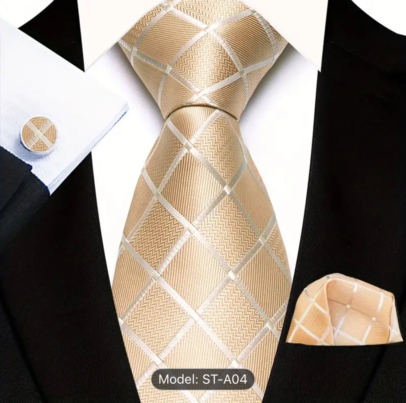 Men’s Silk Coordinated Tie Set - Light Gold Squared