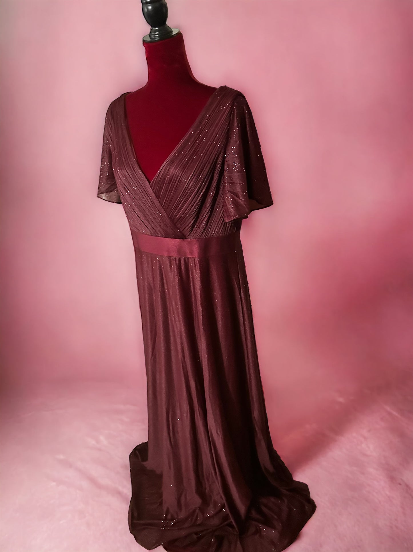 Plus Size V Neck Ribbon Waist Formal Evening Dress With Sleeves
