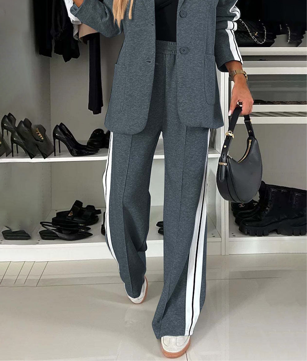 Full Size Contrast Lapel Collar Top and Pants Set, Small - 3XLarge