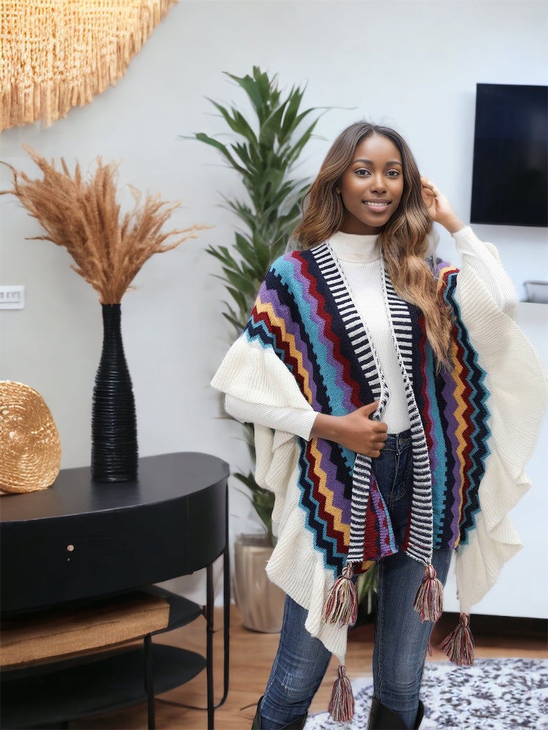 Striped Open Front Poncho with Tassels