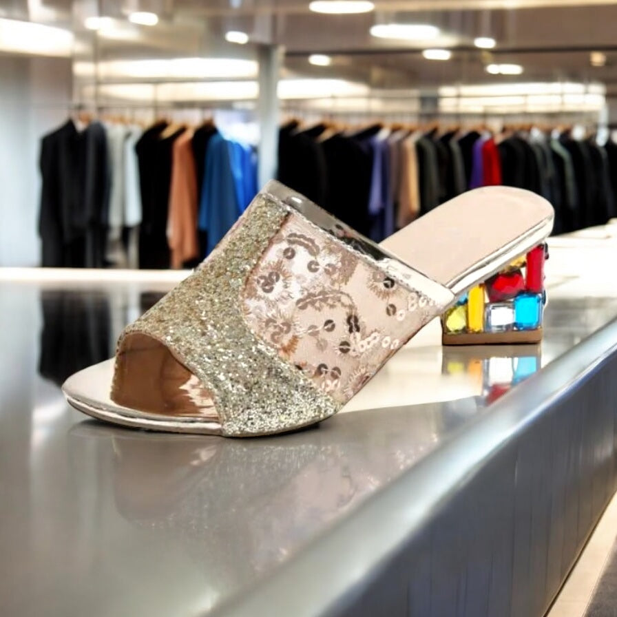 Open Toe Block Heels Sandals, Gold or White