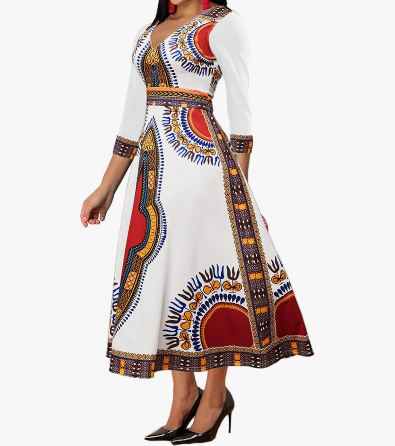 Elegant African Print Maxi Dress – Sizes S to 3XL (White)