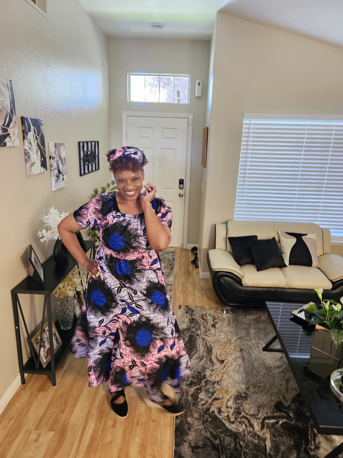 Short Puff Sleeve Maxi Dress with Head Wrap, Multiple Colors (free size)