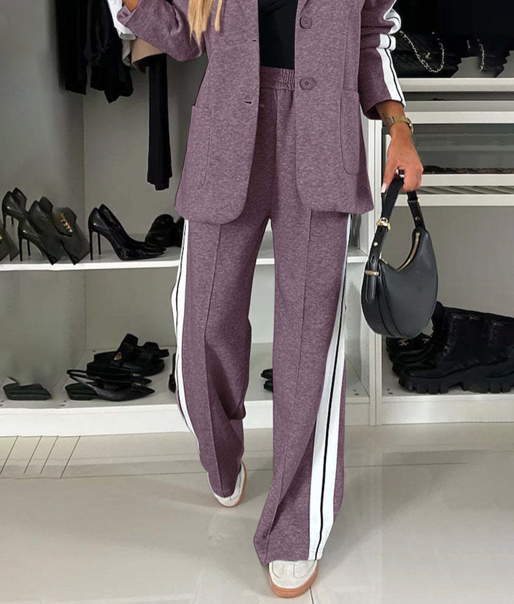 Full Size Contrast Lapel Collar Top and Pants Set, Small - 3XLarge