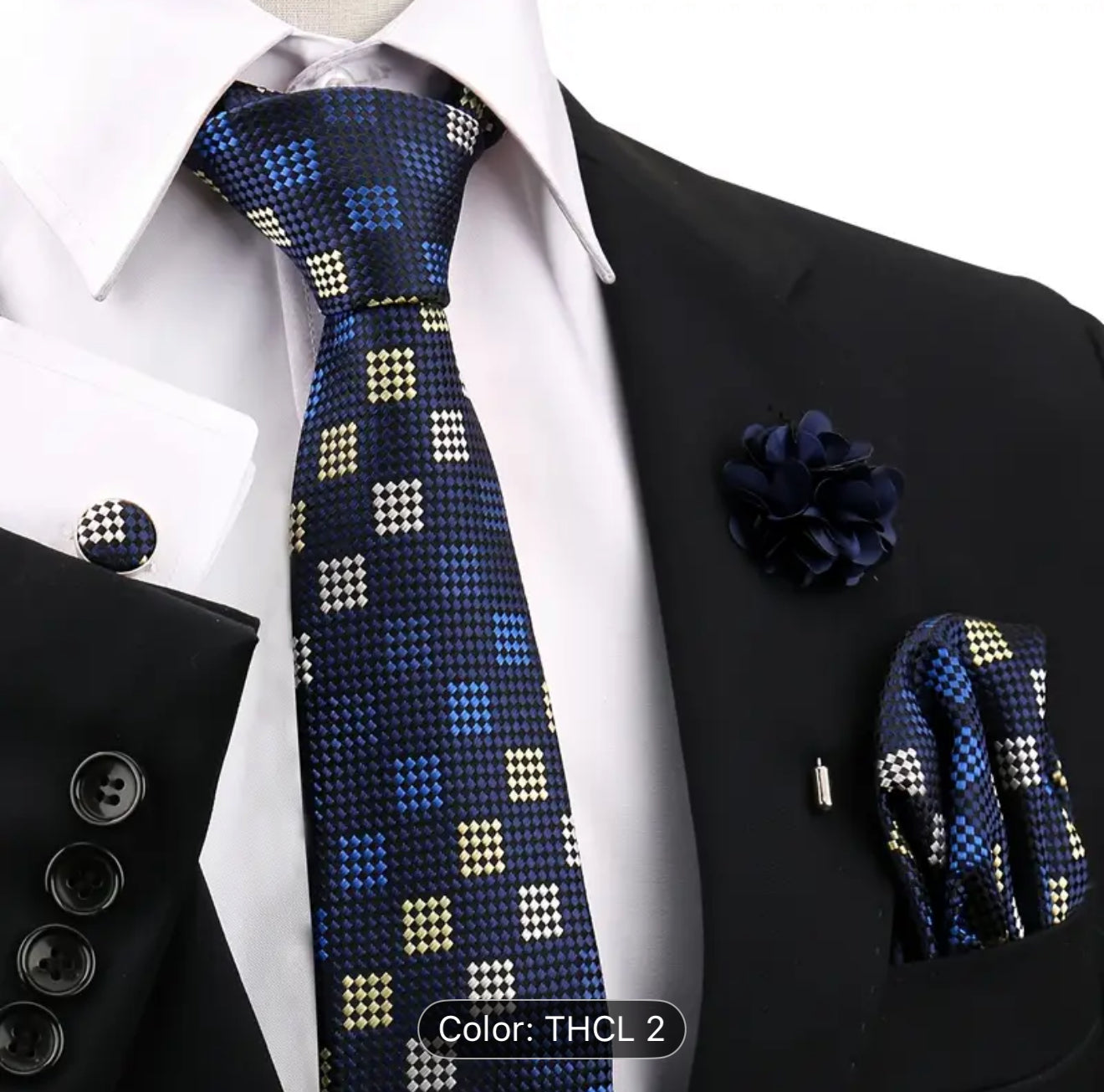 Men’s Silk Coordinated Tie Set - Blue with Blue White Squared