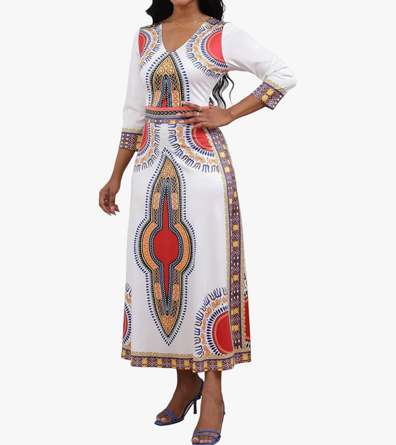 Elegant African Print Maxi Dress – Sizes S to 3XL (White)