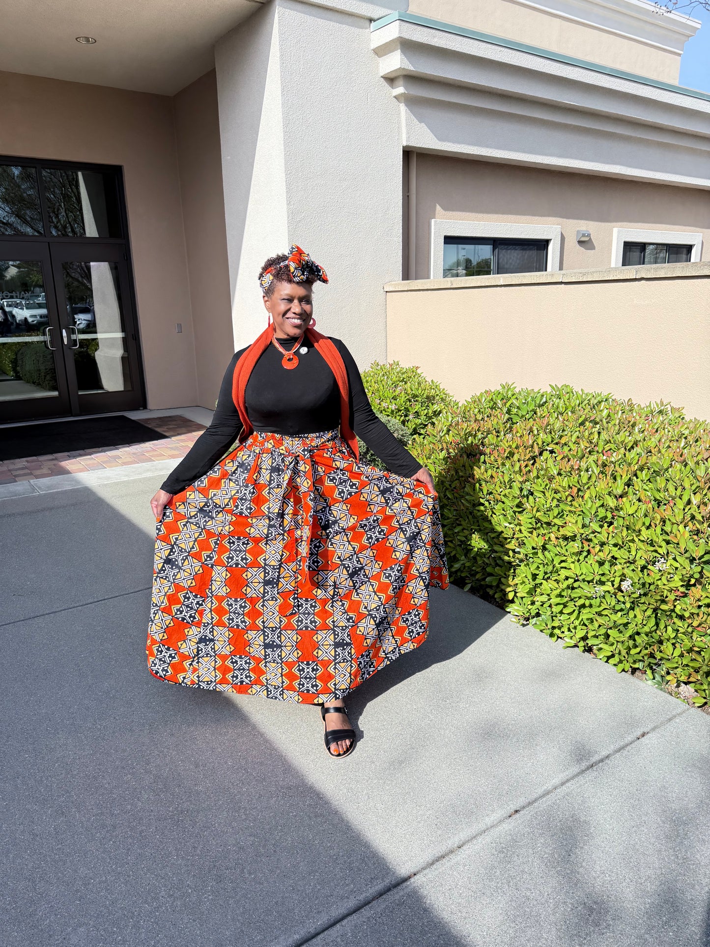African Print Full Skirt with Coordinating Head Wrap (Orange Black Squared)